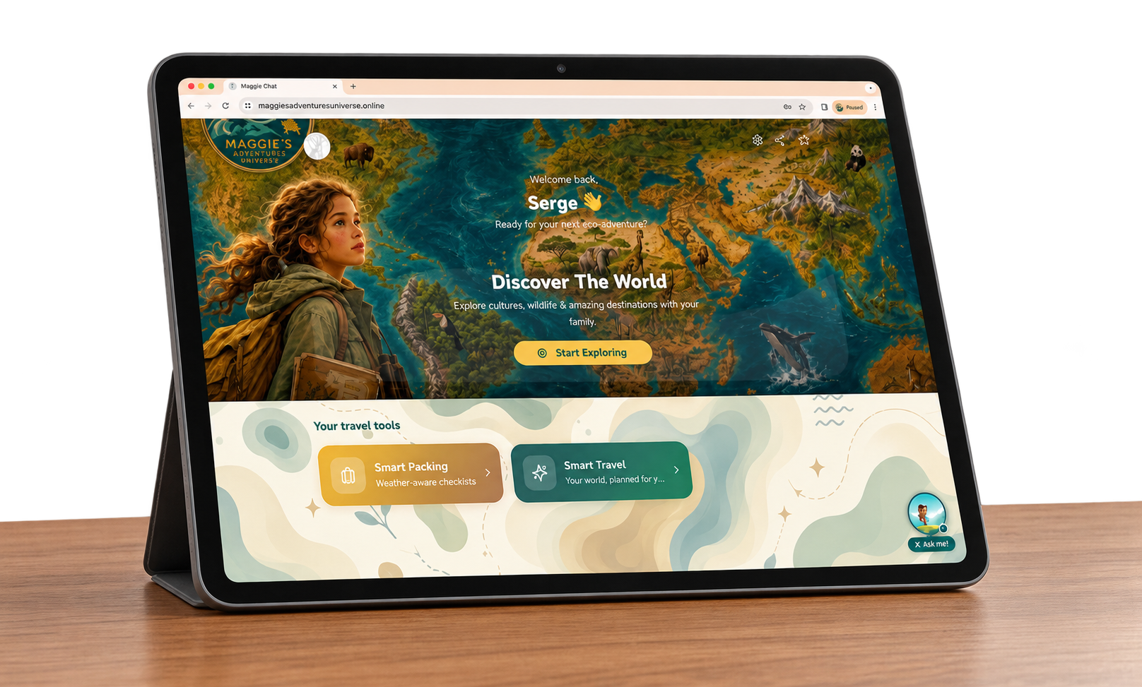 The Discover the World app shown on a tablet: Maggie in front of an illustrated world map